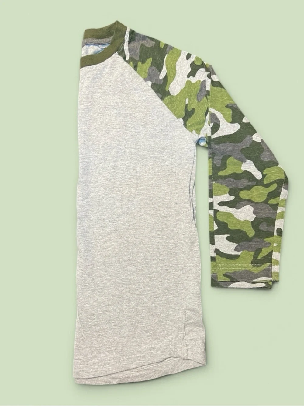 OLD NAVY Grey Body Baseball Tee with Green Camo Long Sleeves